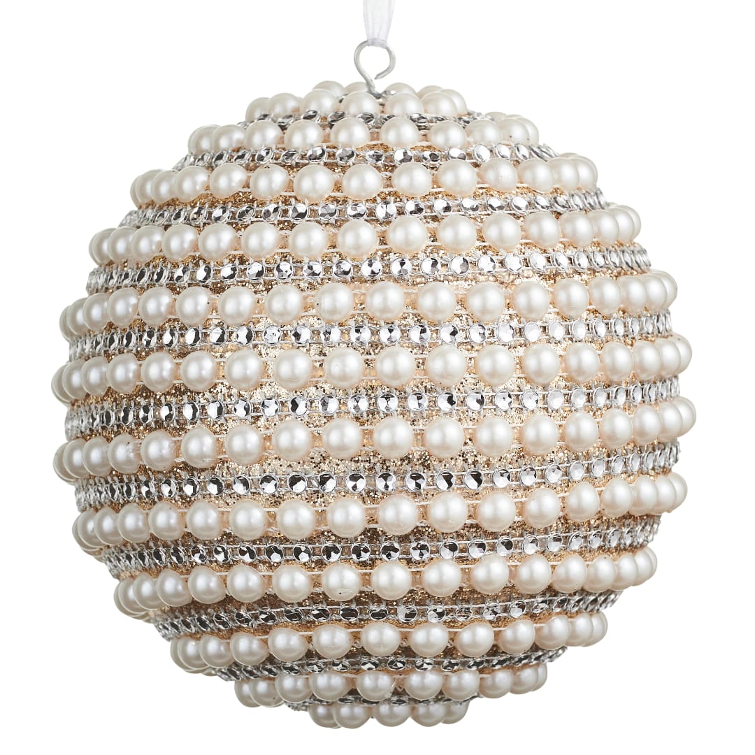 Pearl and rhinestone ornament ball with a hanging loop