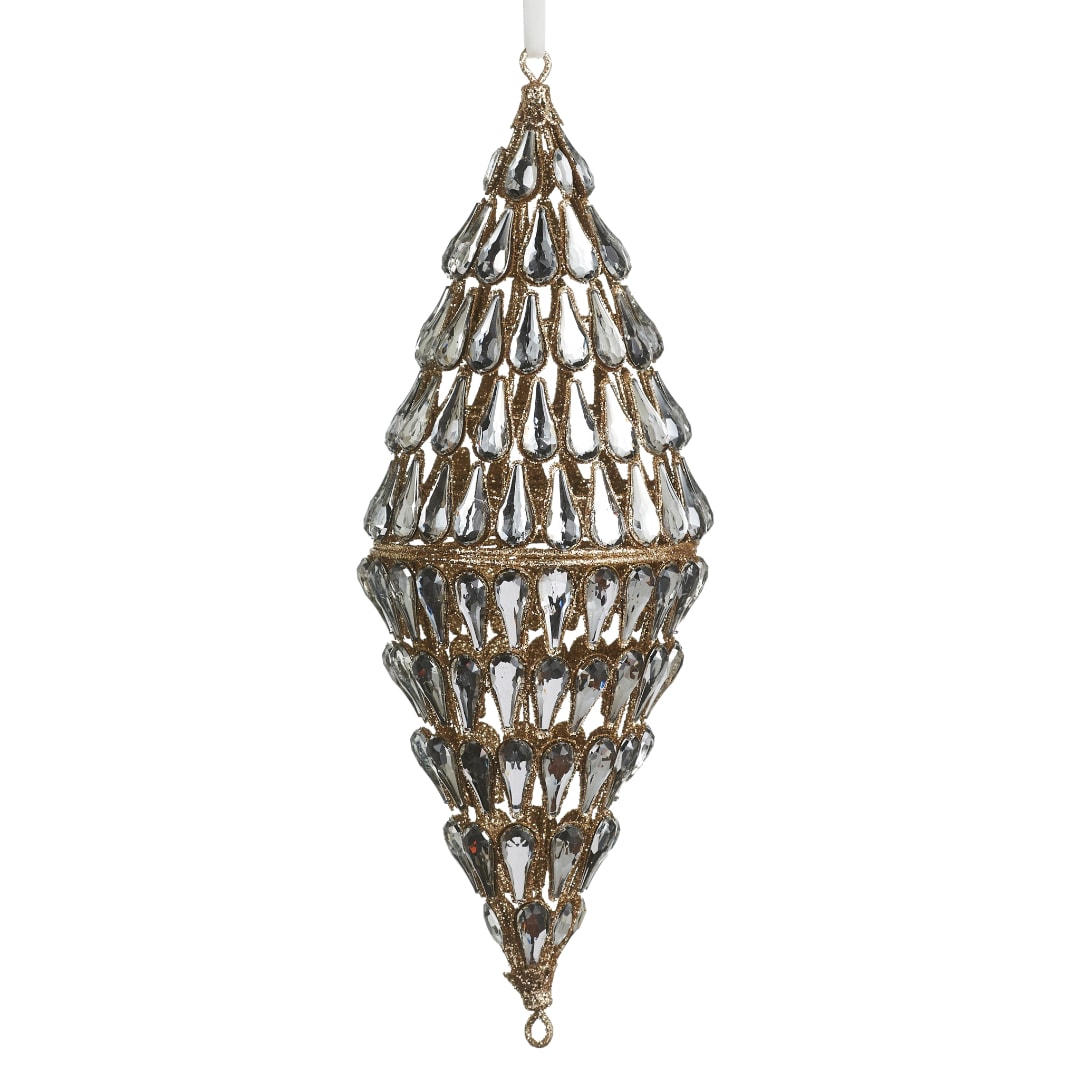 Teardrop-shaped hanging ornament with clear faceted beads and gold framework