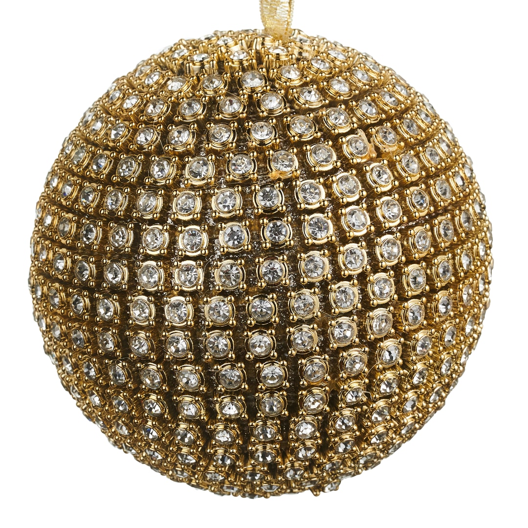 Gold beaded ornament covered in clear rhinestones