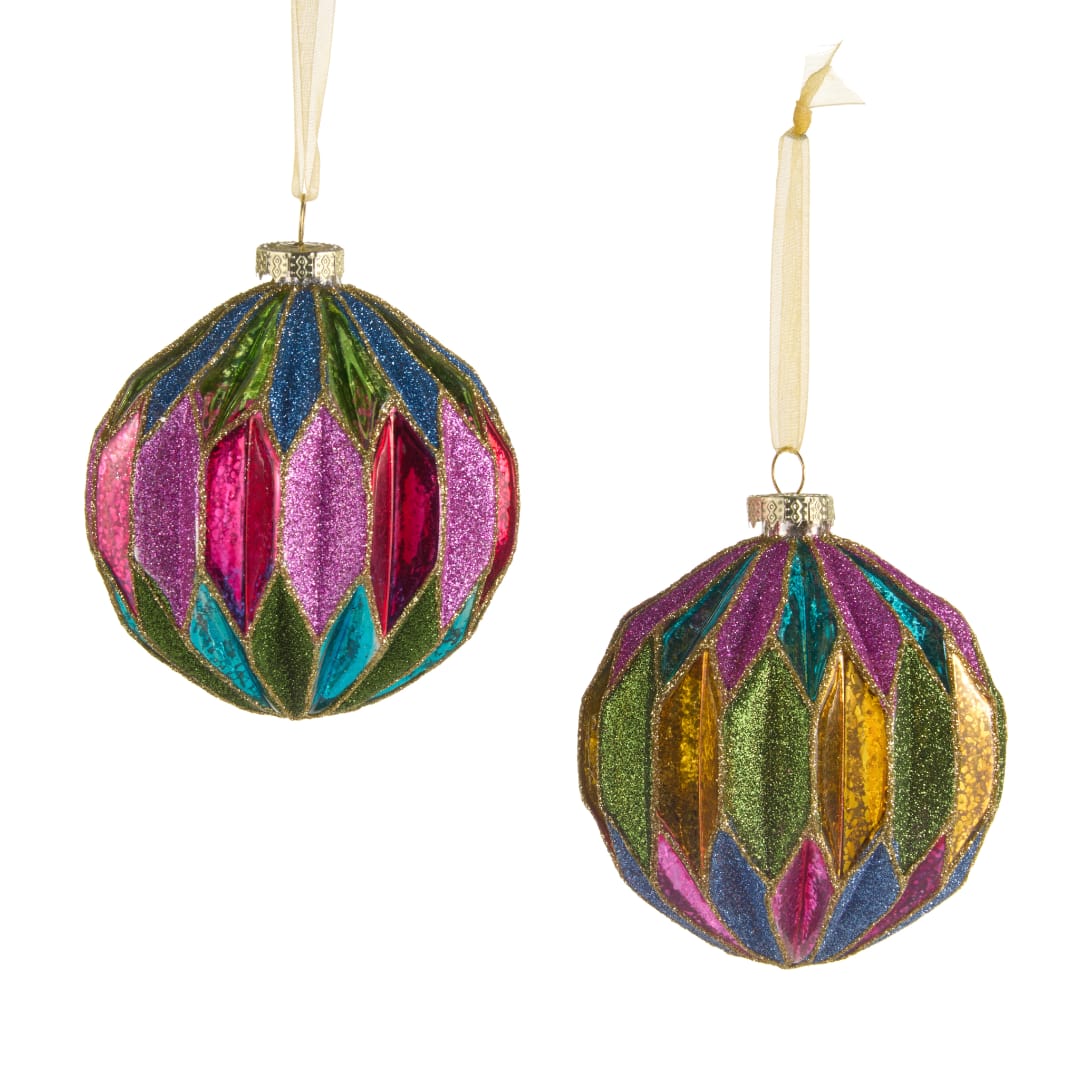 Two colorful glittered hanging ornaments with ribbon loops