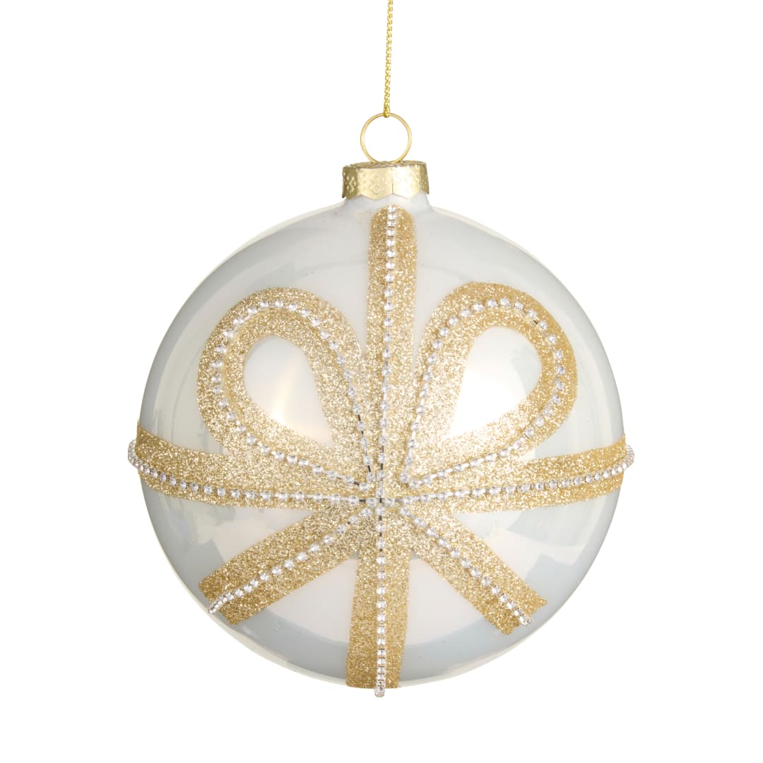 Gold and white hanging ornament shaped like a gift box