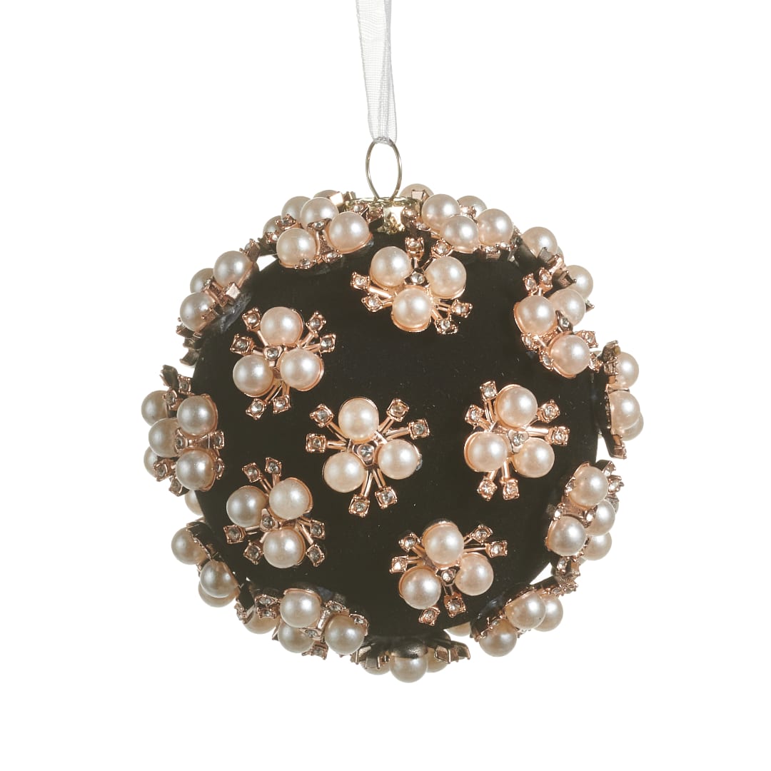 Black ornament covered with pearl and rhinestone floral clusters