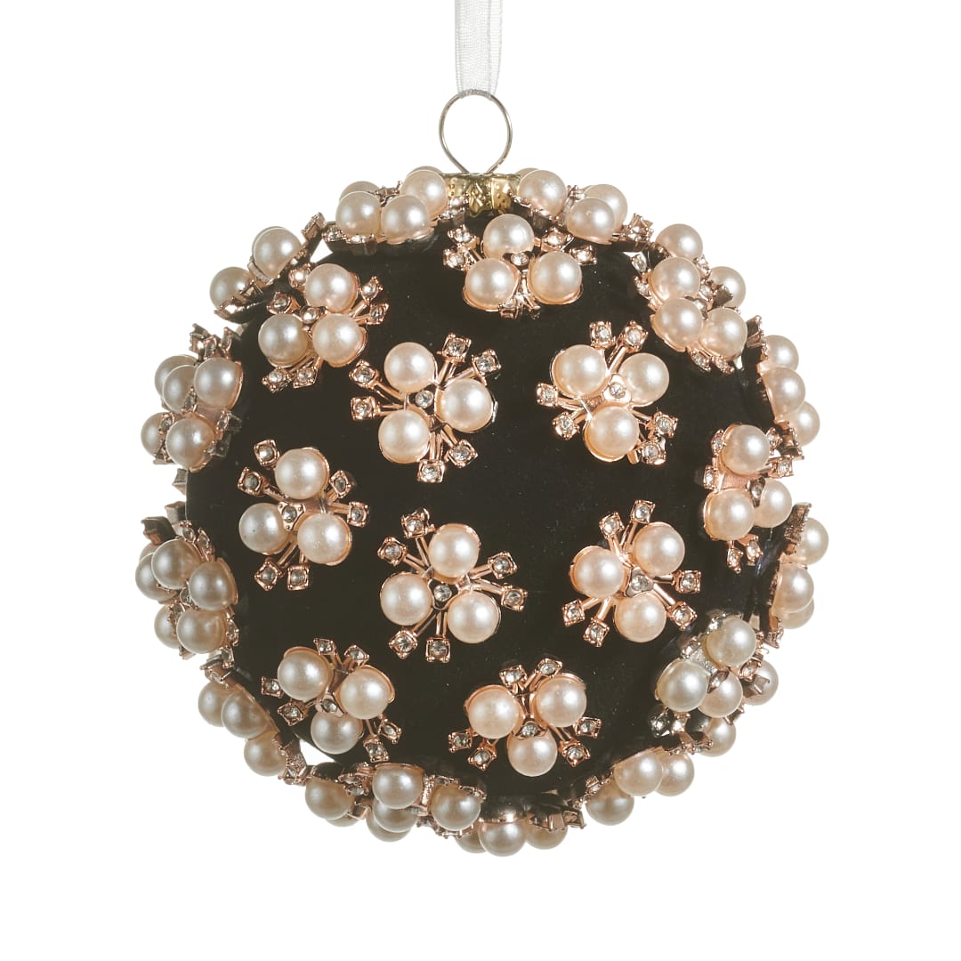 Pearl and rhinestone ornament with a black center and hanging loop