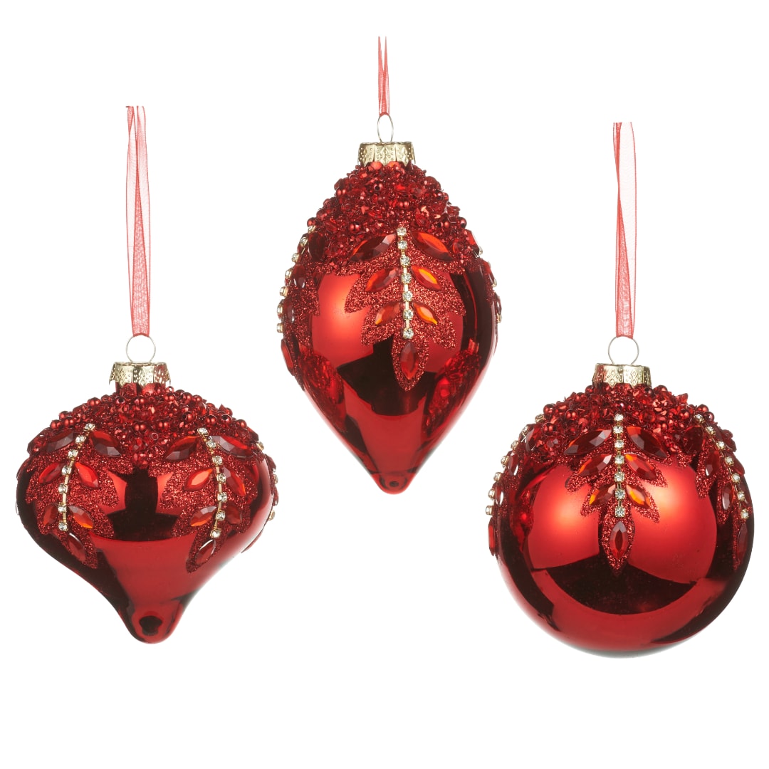 Three red jeweled Christmas ornaments with hanging ribbons