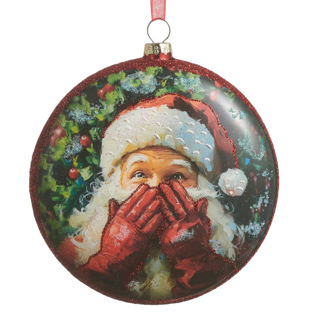Round Christmas ornament with a painted Santa face and red glitter trim