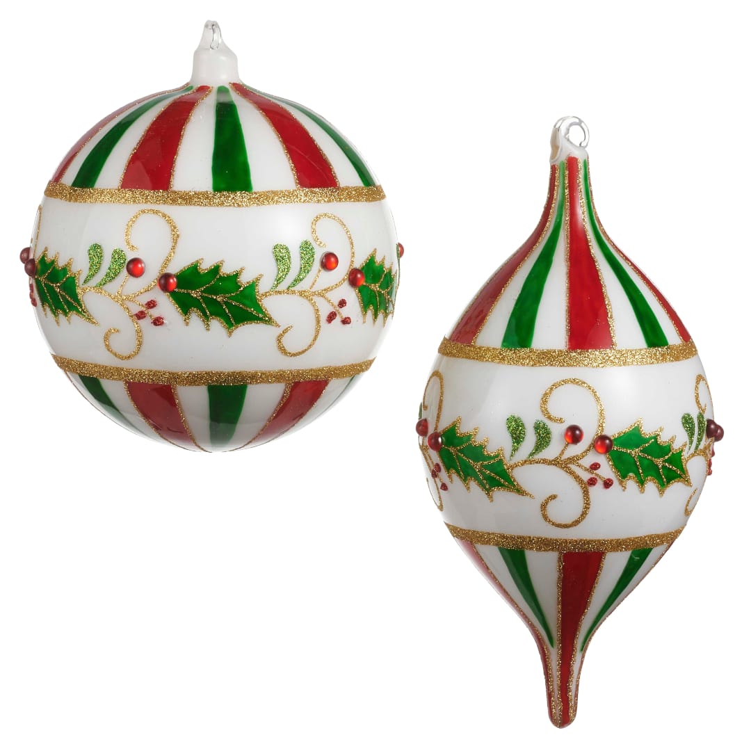 Two red, green, and white striped Christmas ornaments with gold glitter accents