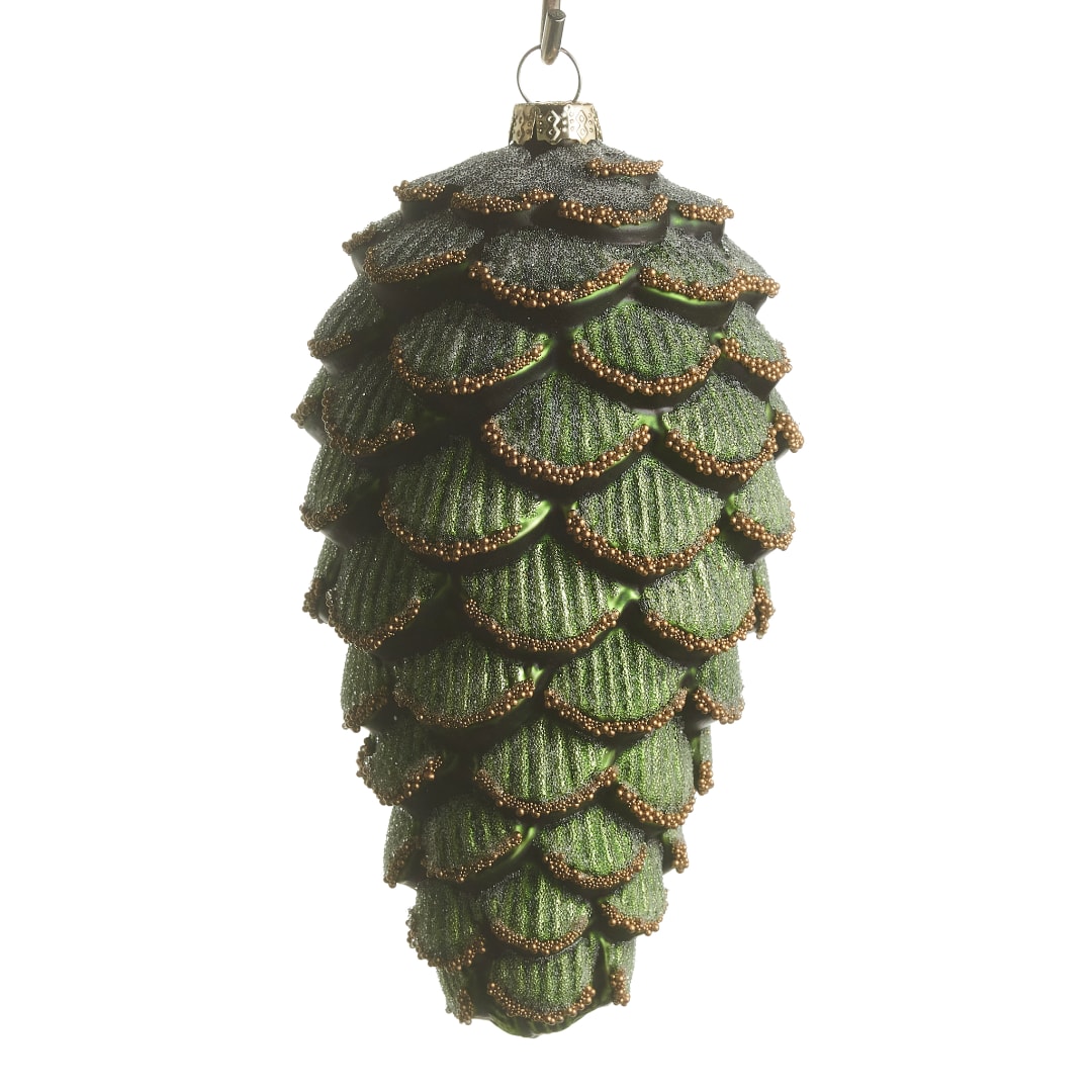 Green pinecone ornament with gold bead trim hanging on a hook