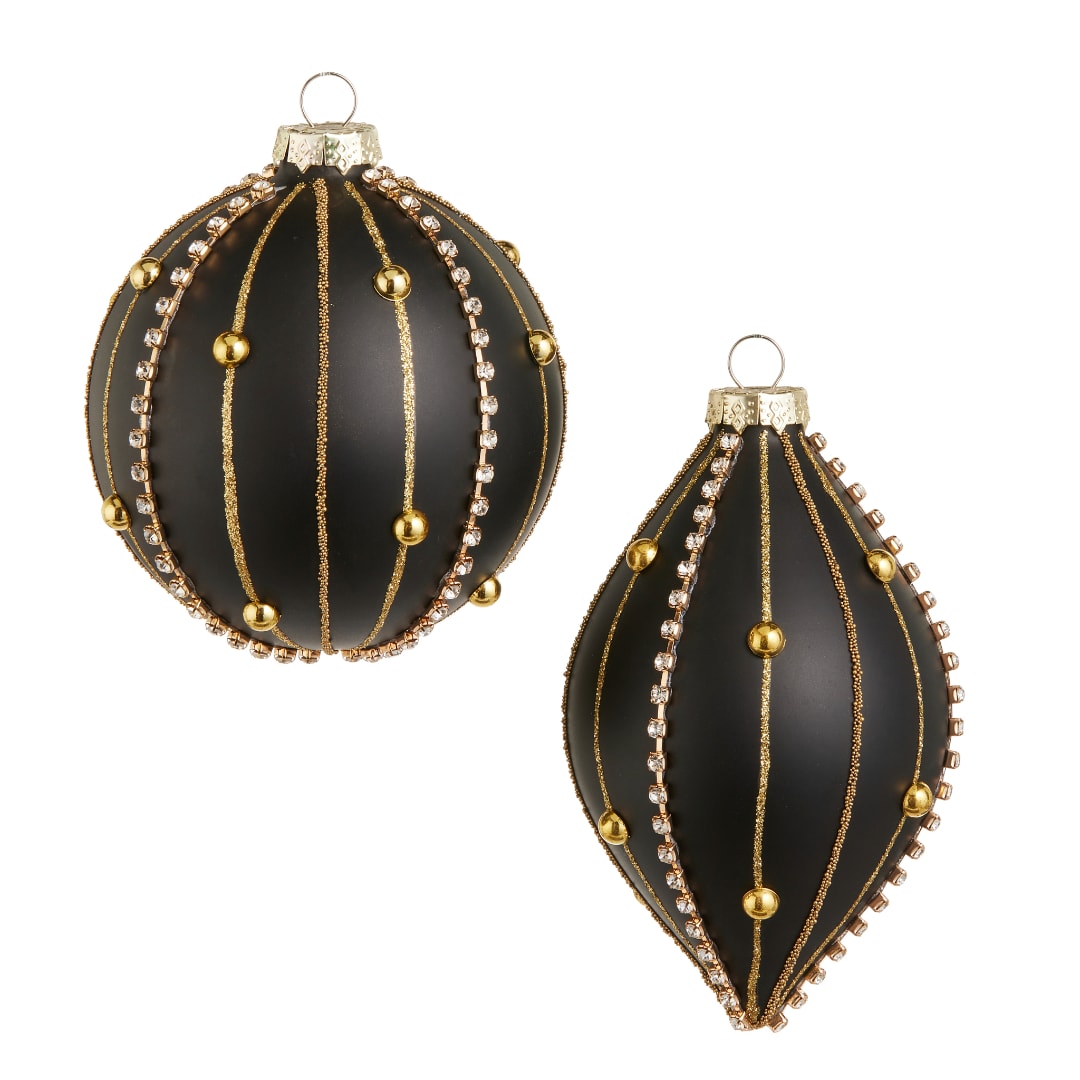 Two black Christmas ornaments with gold and rhinestone trim