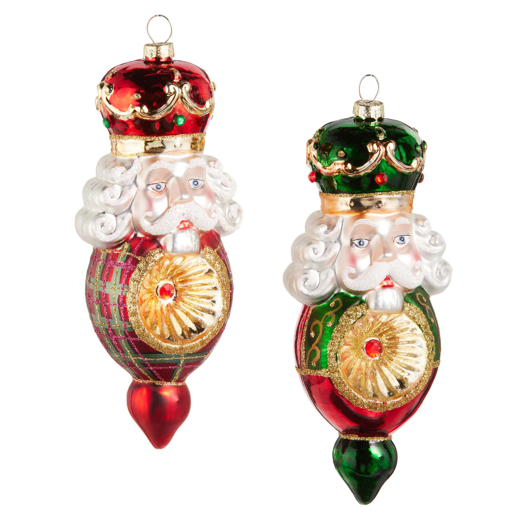 Two decorative Santa Claus Christmas ornaments in red and green