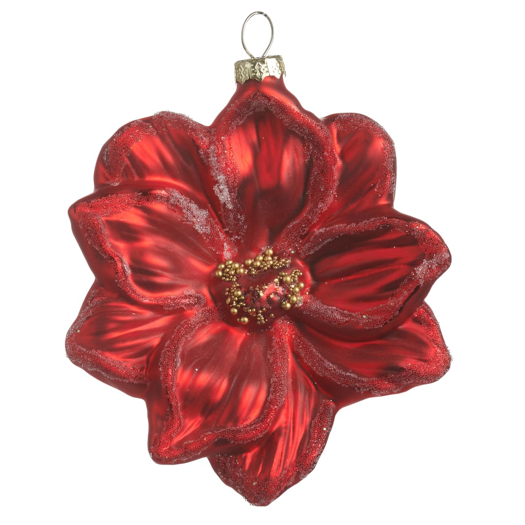 Red flower-shaped Christmas ornament with glitter accents