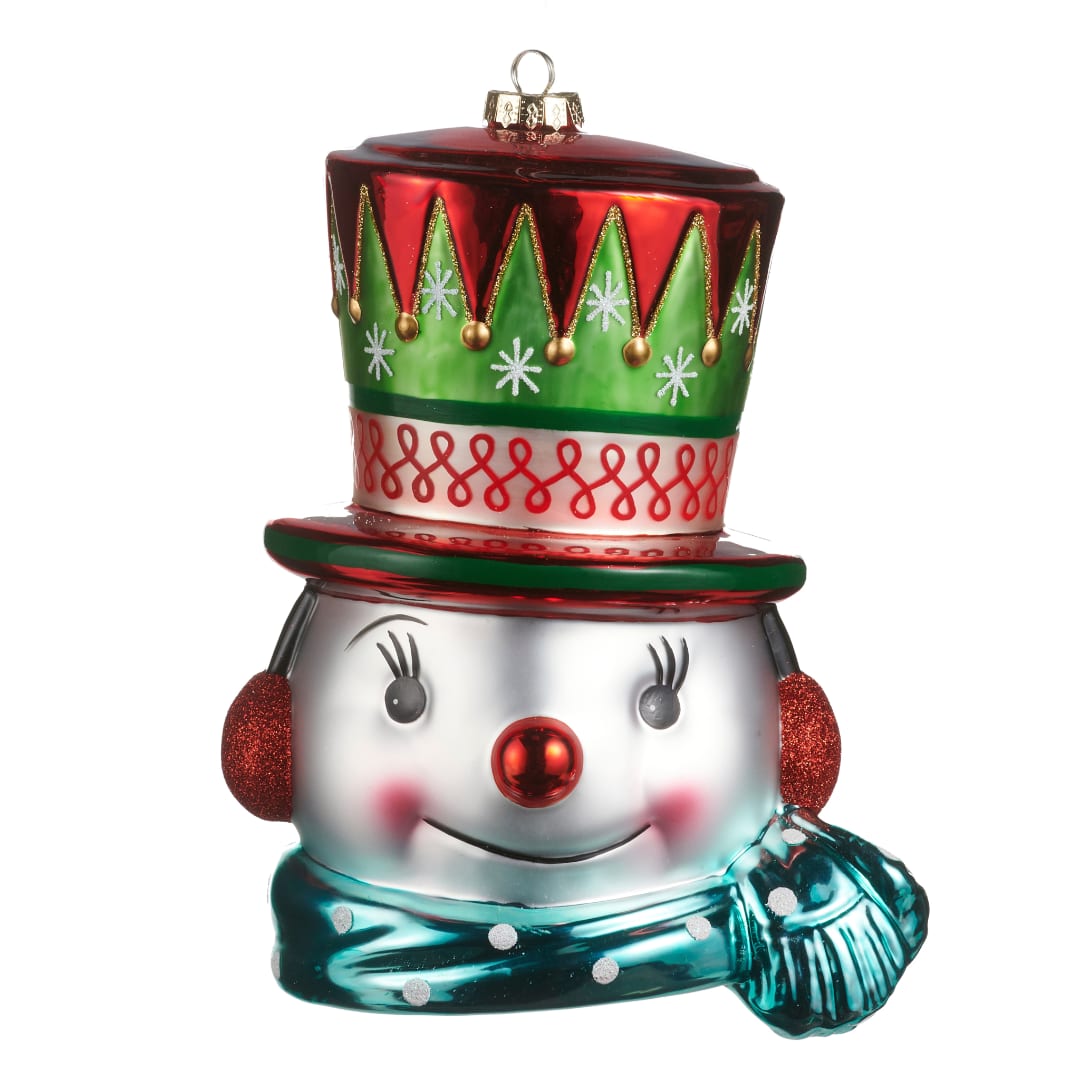 Snowman Christmas ornament with a red-and-green hat and blue scarf