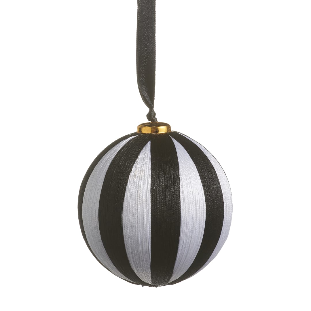 Black and white striped hanging ornament with a ribbon loop