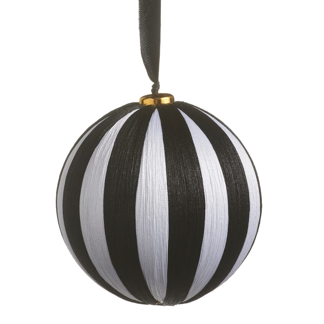Black and white striped hanging ornament with a ribbon loop