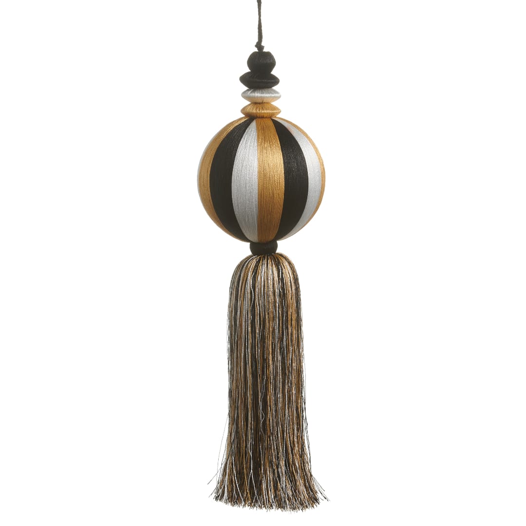 Decorative tassel ornament with black, gold, silver, and white bands