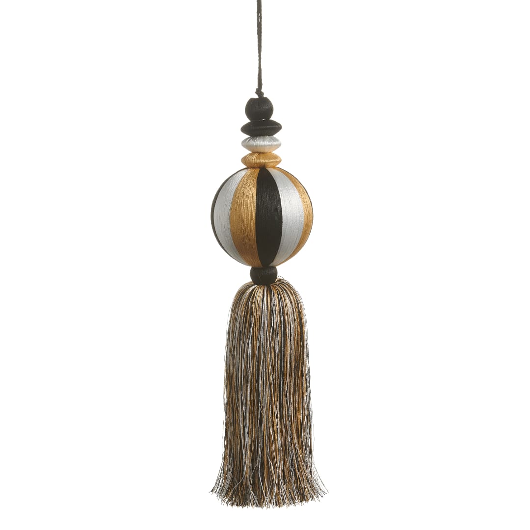 Decorative hanging tassel ornament with black, white, and gold beads