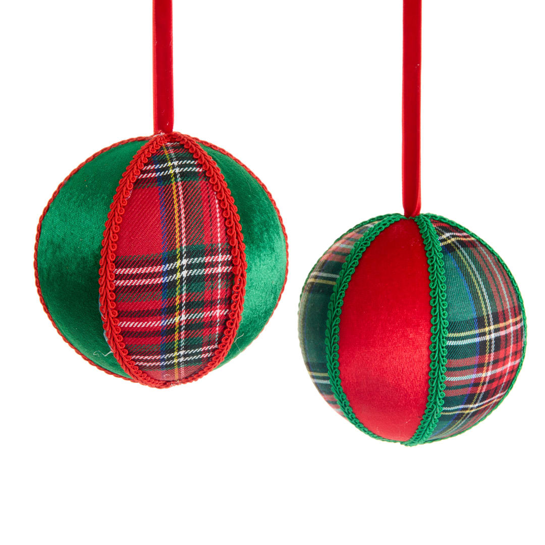 Two plaid fabric Christmas ornaments with red and green ribbon hangers