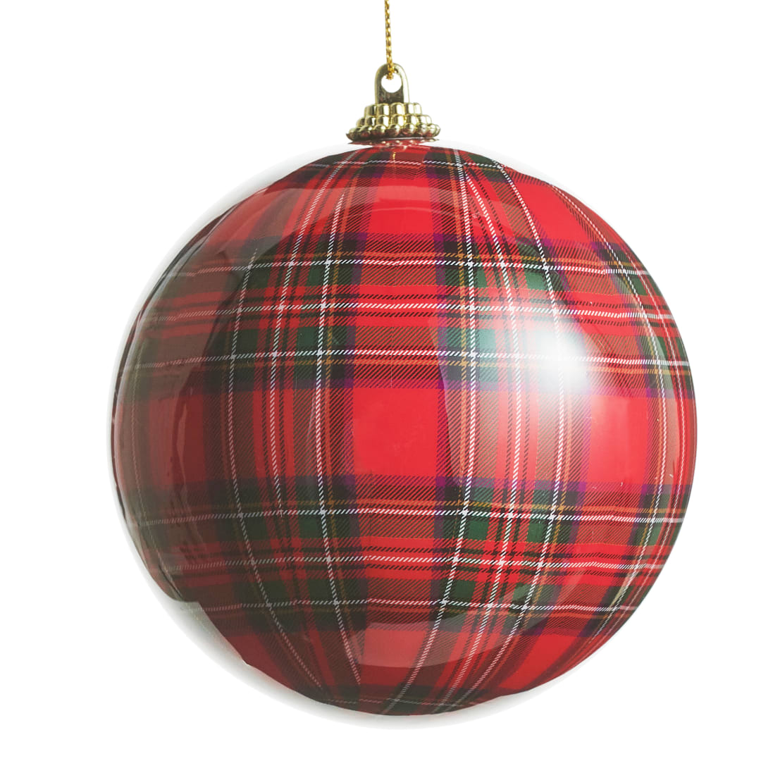 Red plaid Christmas ornament with a gold hanging cap