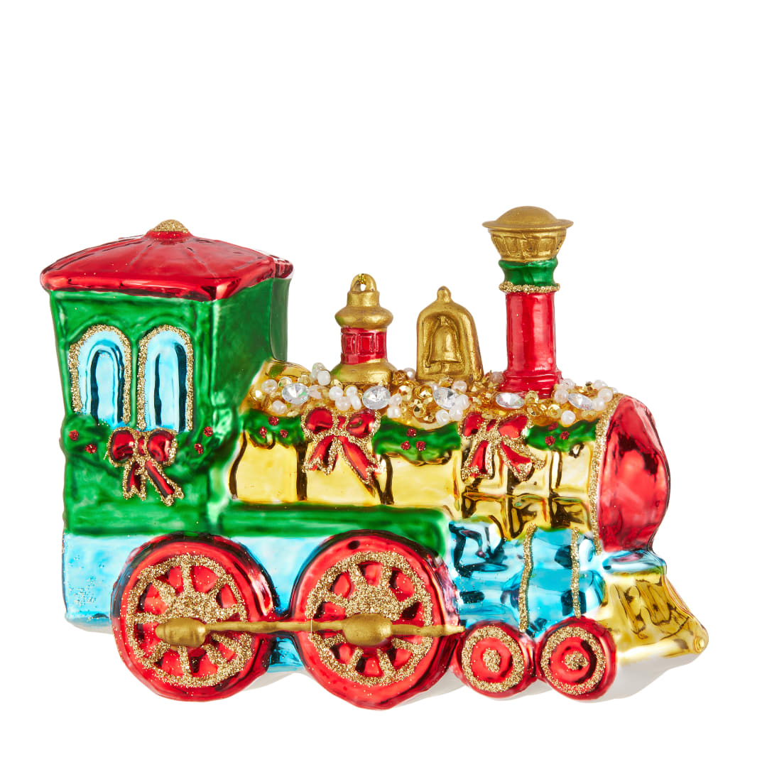 Colorful Christmas train ornament with glitter accents
