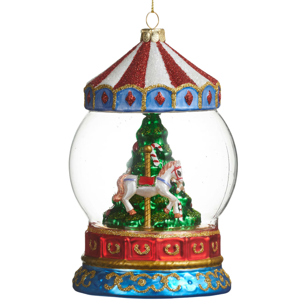 Decorative Christmas snow globe ornament with a carousel horse inside