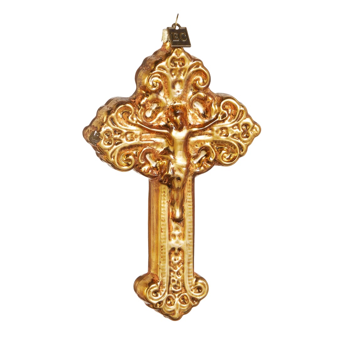 Gold ornate cross ornament with a hanging loop