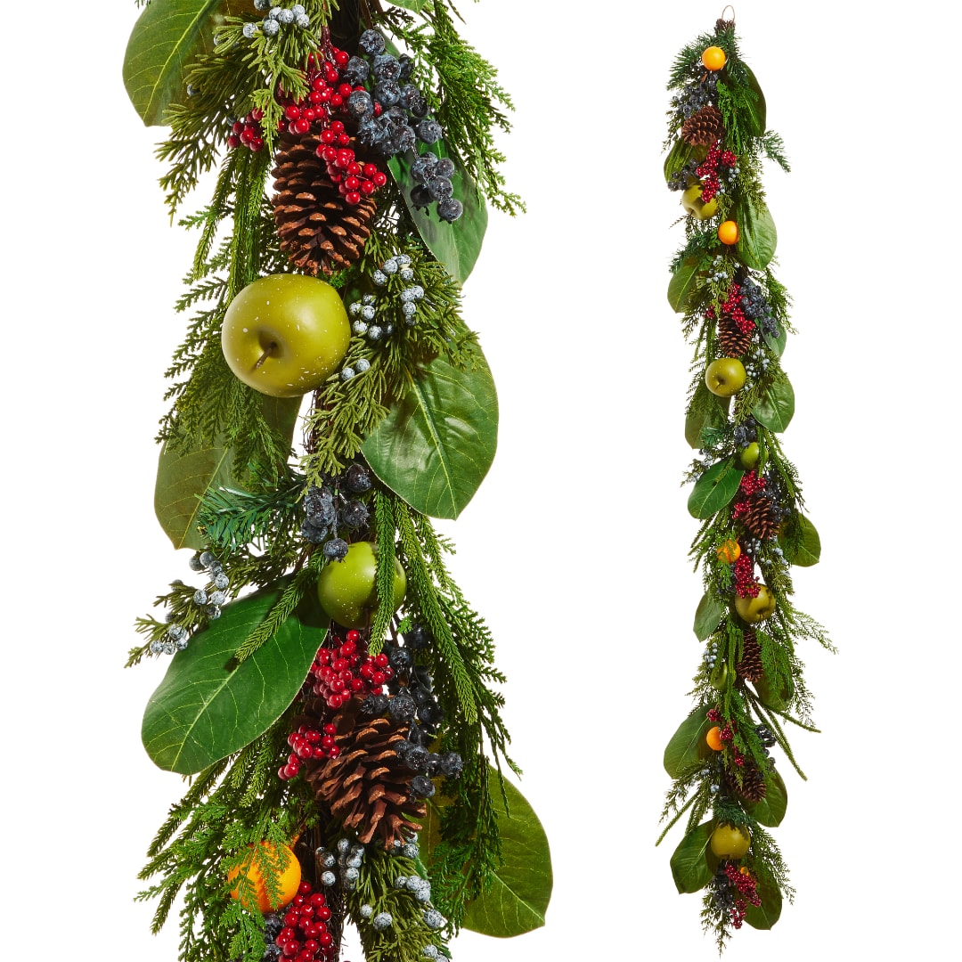 Two hanging evergreen garlands with pinecones, berries, and apples