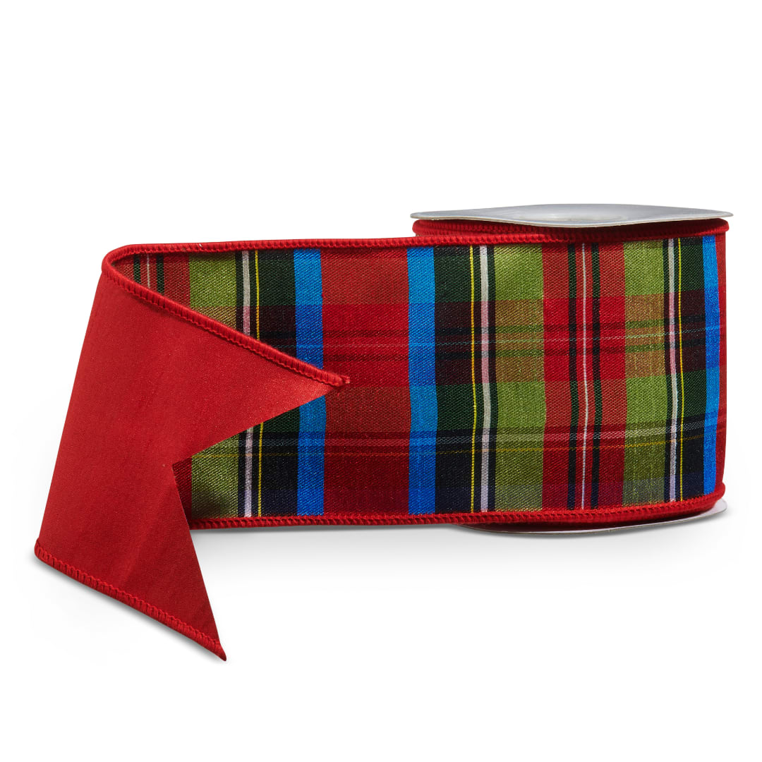 Plaid ribbon spool with a wide red ribbon tail