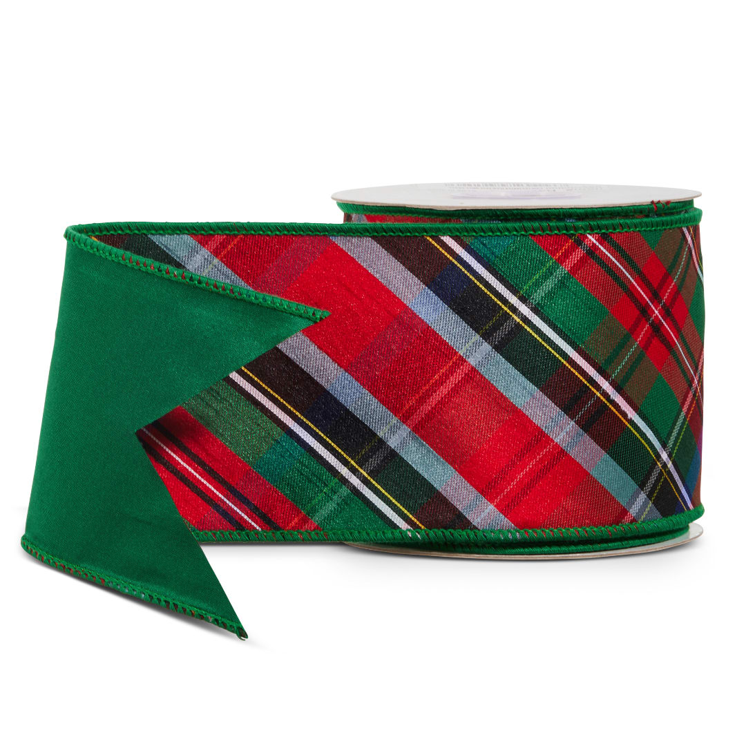 Roll of plaid ribbon with a green backing and trim