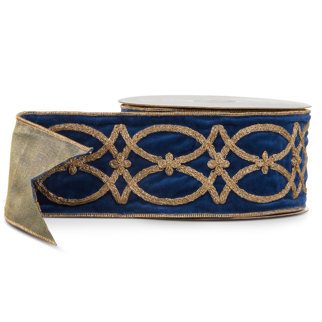 Blue and gold decorative ribbon spool on a white background