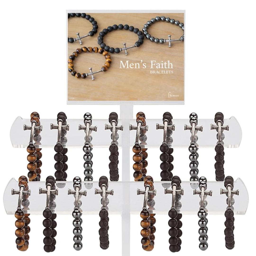 Display of men's beaded cross bracelets on a retail stand