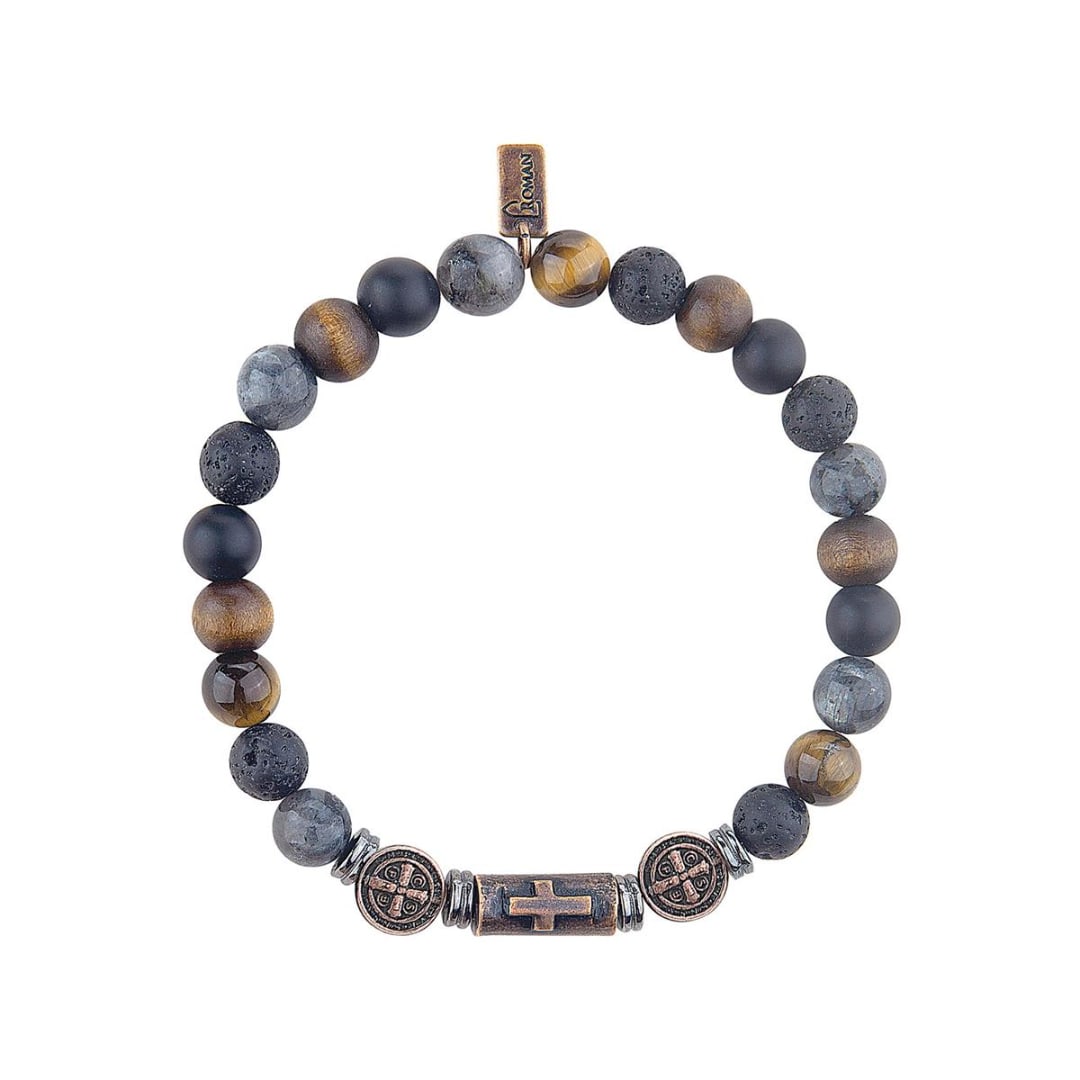 Beaded bracelet with dark round beads and a cross charm