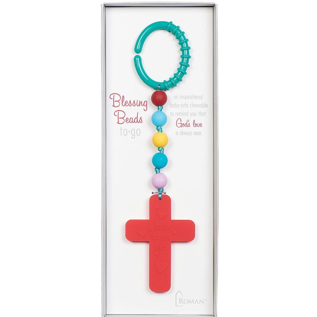 Packaged beaded cross ornament with colorful beads and a red cross pendant