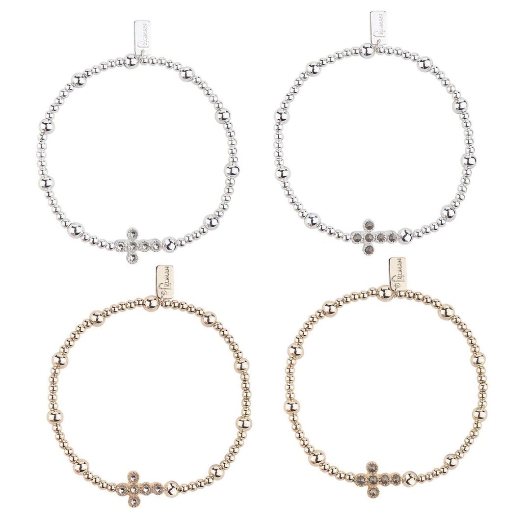 Four beaded bracelets with cross charms on a white background
