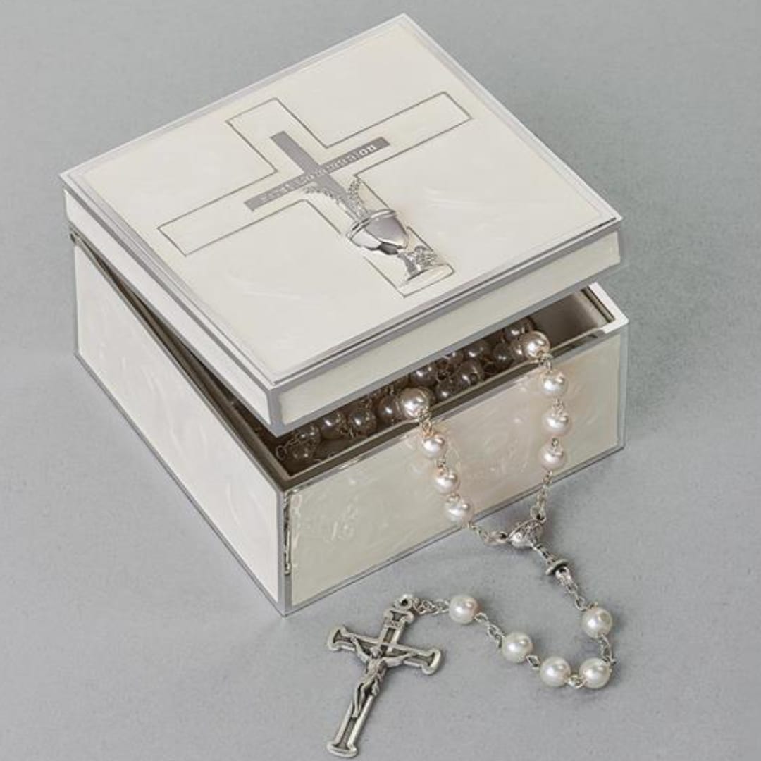 Silver keepsake box with a rosary and cross on top