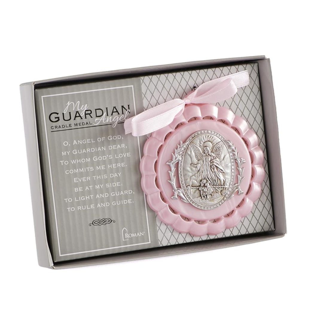 Pink guardian angel medal in a gift box with a ribbon