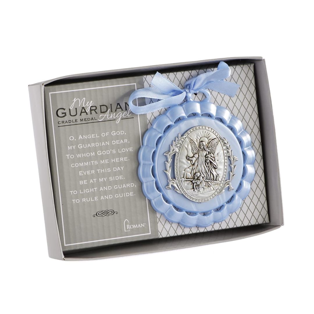 Blue guardian angel medal in a gift box with ribbon
