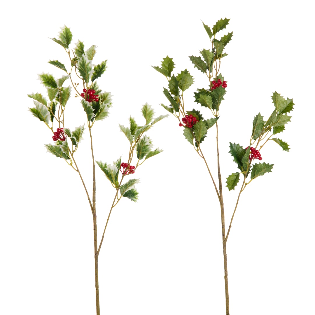 Decorative holly sprigs with red berries on long stems