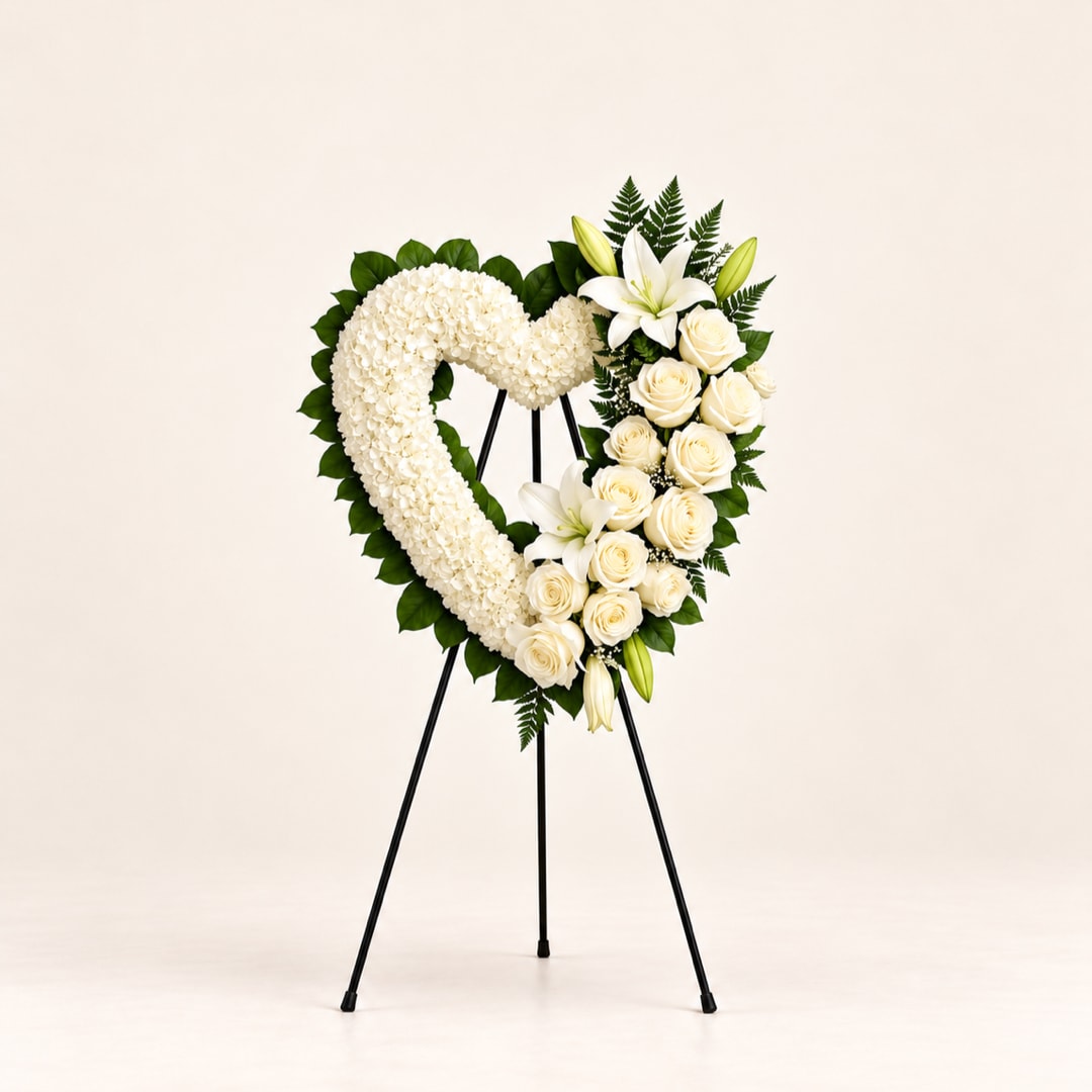 Heart-shaped white floral standing wreath on a black easel