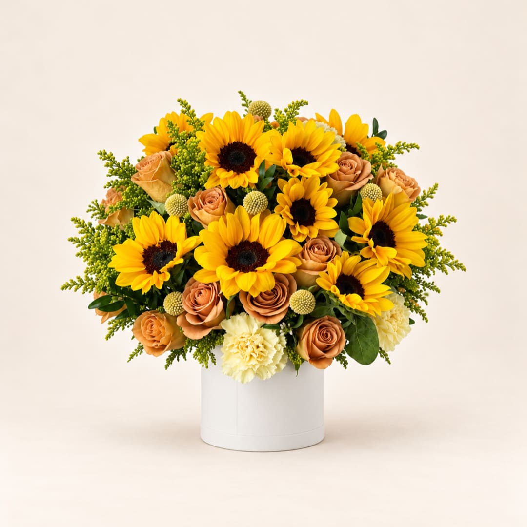 Sunflower and peach rose arrangement in a white box
