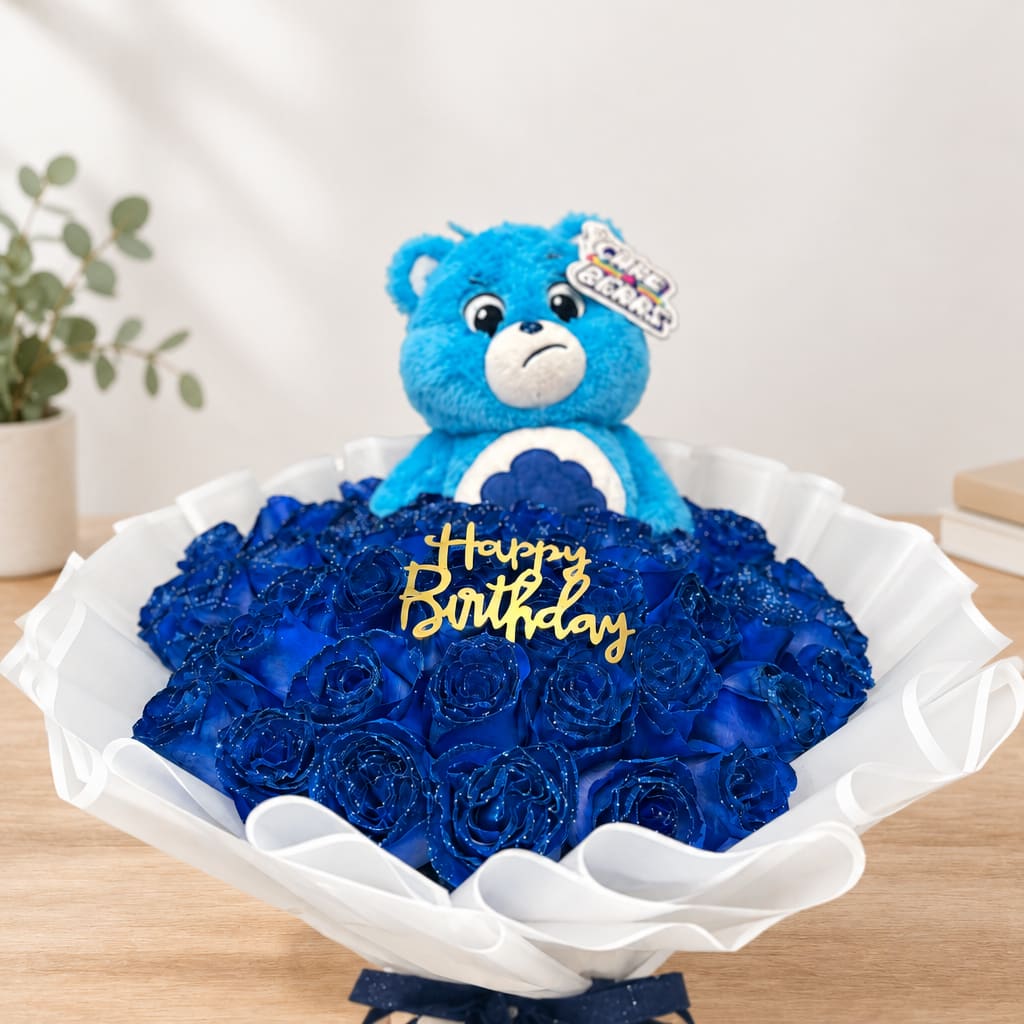 Blue rose bouquet with a teddy bear and Happy Birthday topper
