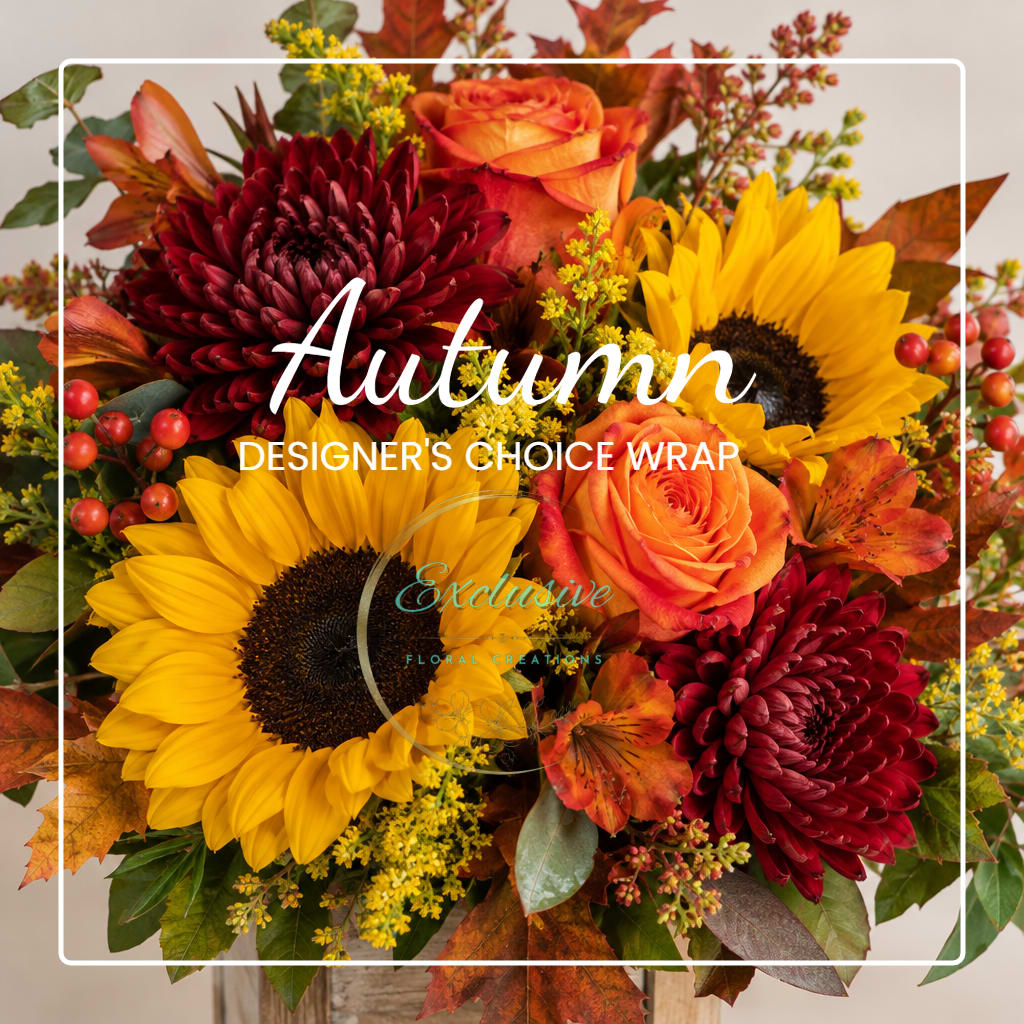 Autumn bouquet with sunflowers, orange roses, and burgundy mums