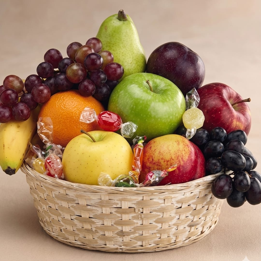 Fruit basket with apples, pears, grapes, and candy in a woven basket