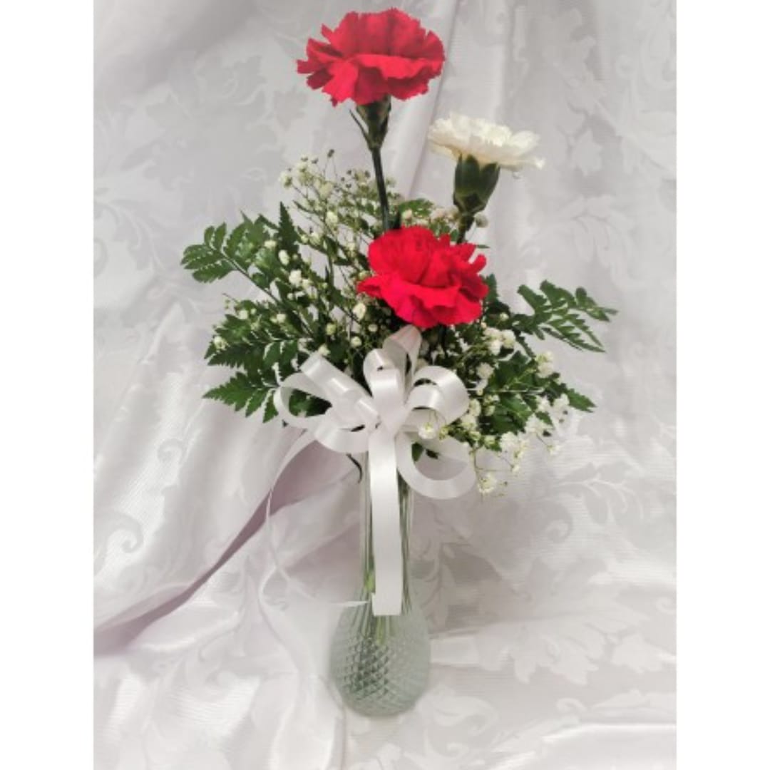 Red and white carnations in a glass vase with a white ribbon