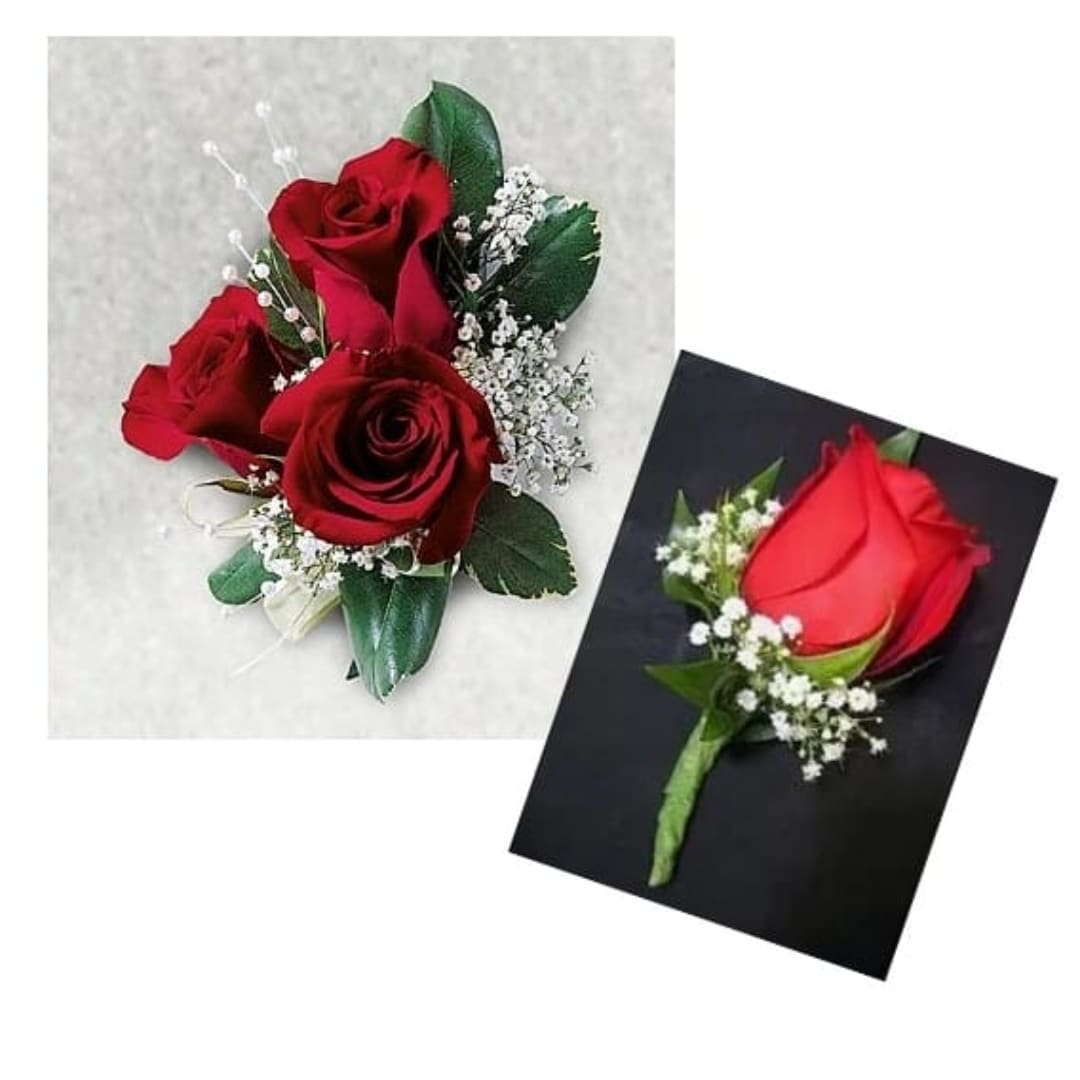 Red rose boutonniere with baby's breath and green leaves