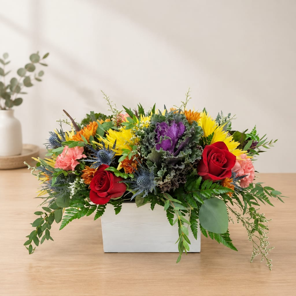 Mixed flower arrangement in a white rectangular box with red roses and yellow blooms