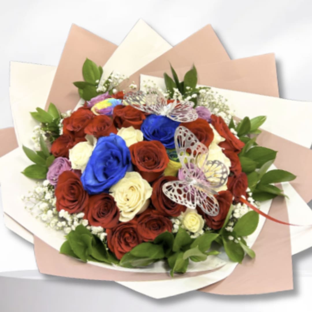 Bouquet of red, blue, and cream roses with butterfly decorations
