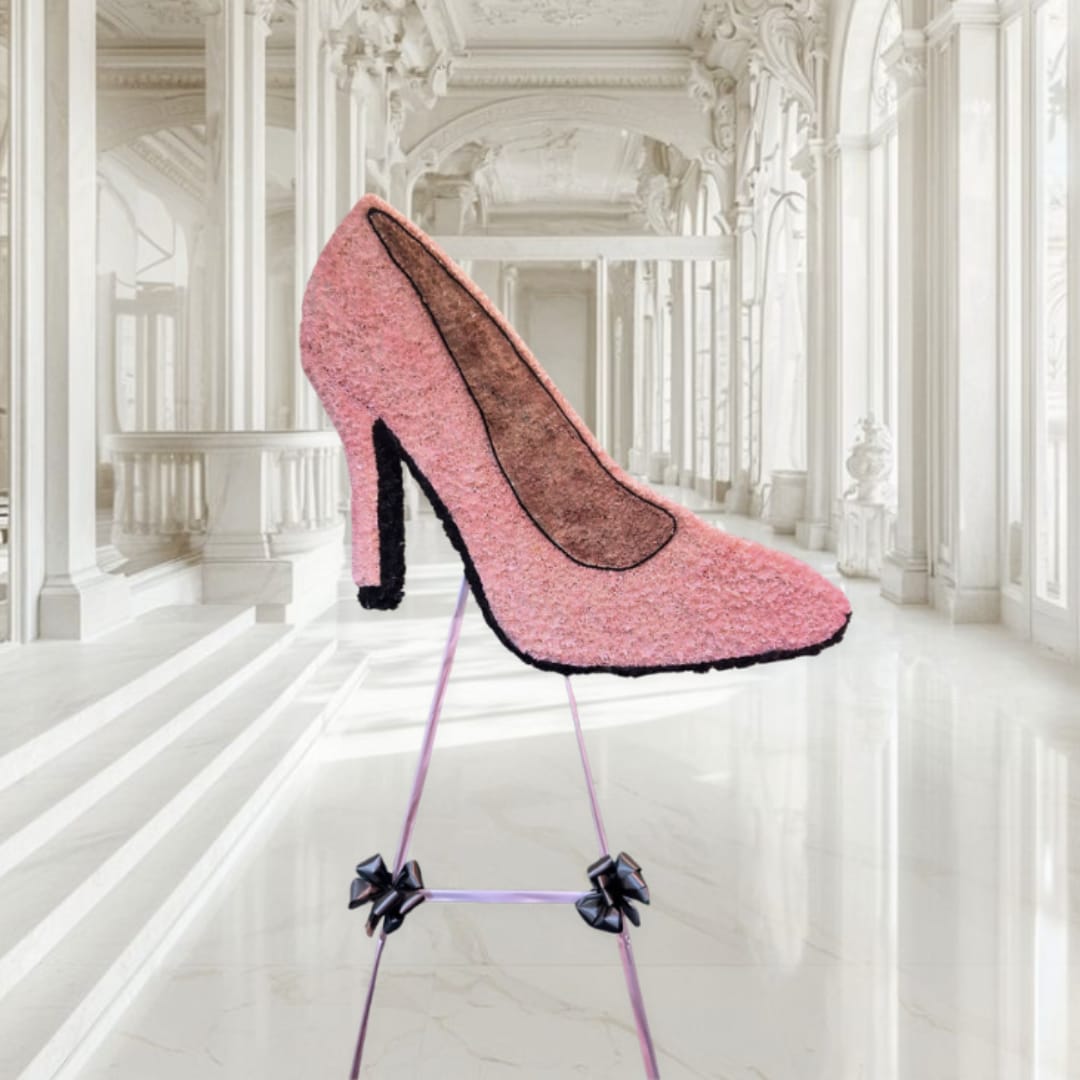 Pink high-heel shoe-shaped floral display on a stand