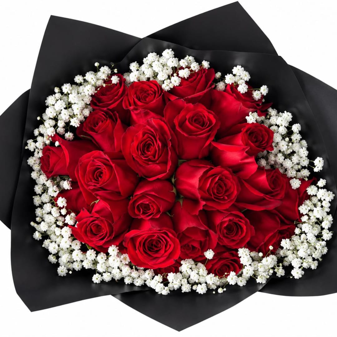 Bouquet of red roses with white baby's breath in black wrap