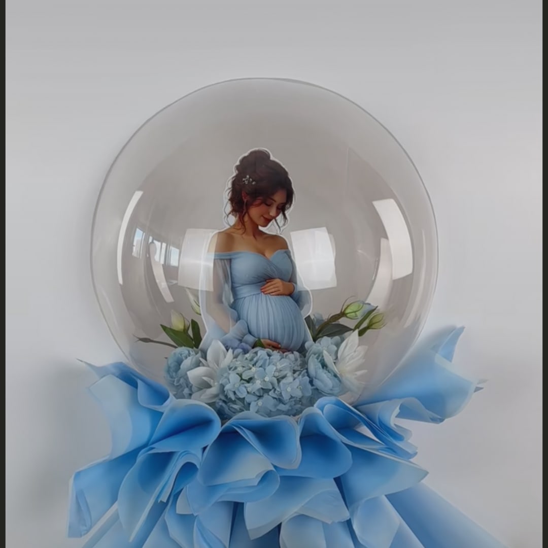 Clear balloon with a cutout of a woman in a blue dress above blue flowers and ribbon