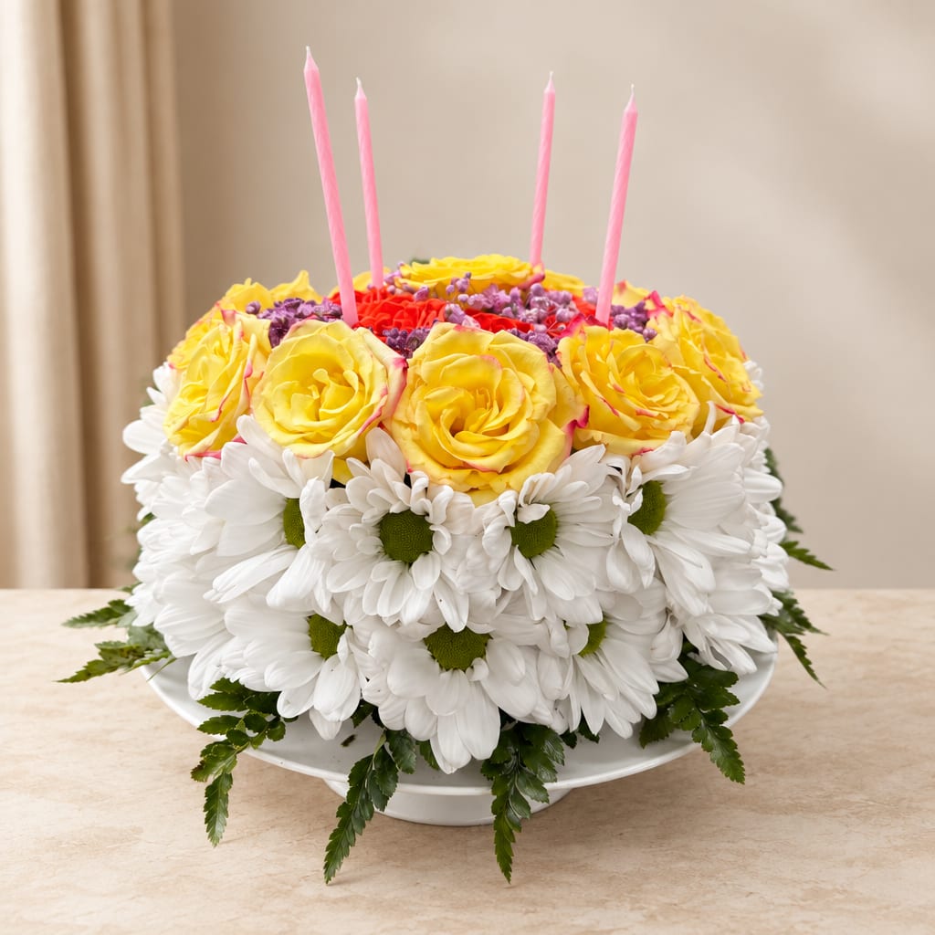 Round floral cake with yellow roses, white daisies, and pink candles