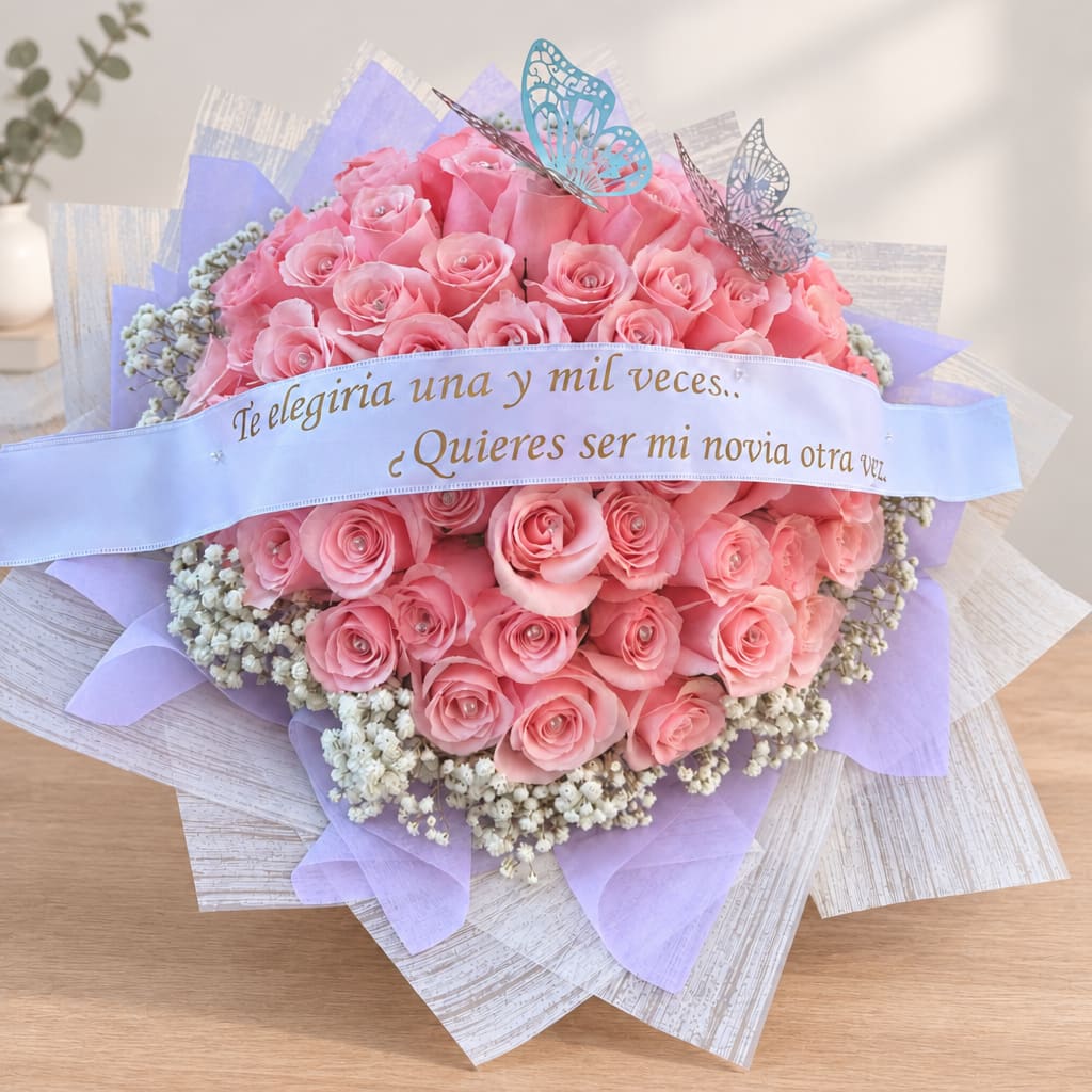 Pink rose bouquet with a ribbon banner and butterfly decorations